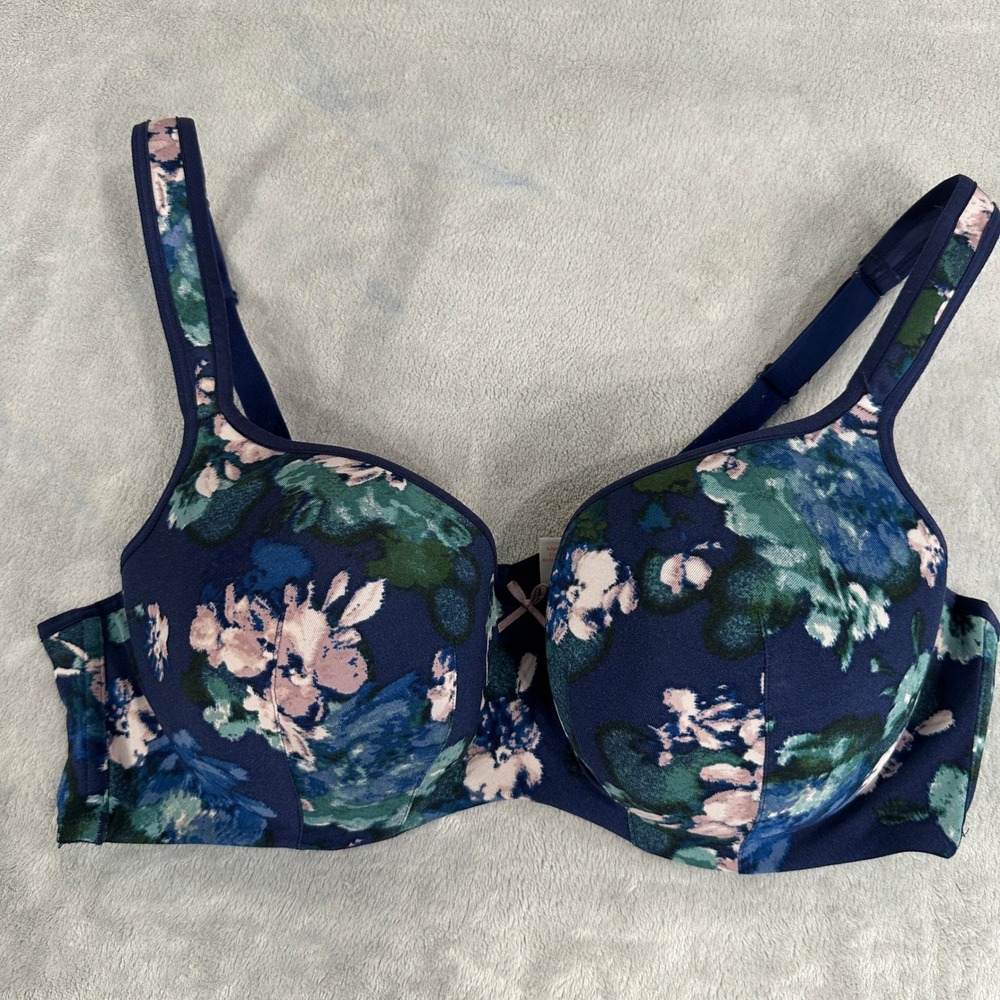 Cacique Blue Floral Lightly Lined Balconette Bra Navy Green 44C‎